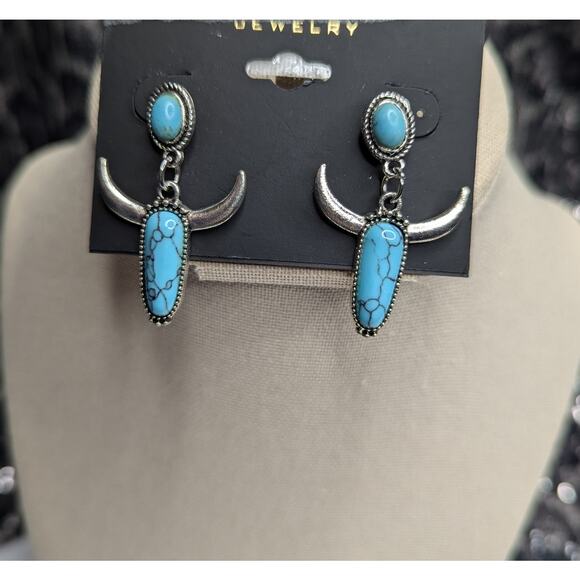 Turquoise Western Steer Bull Head Earrings - Picture 4 of 7